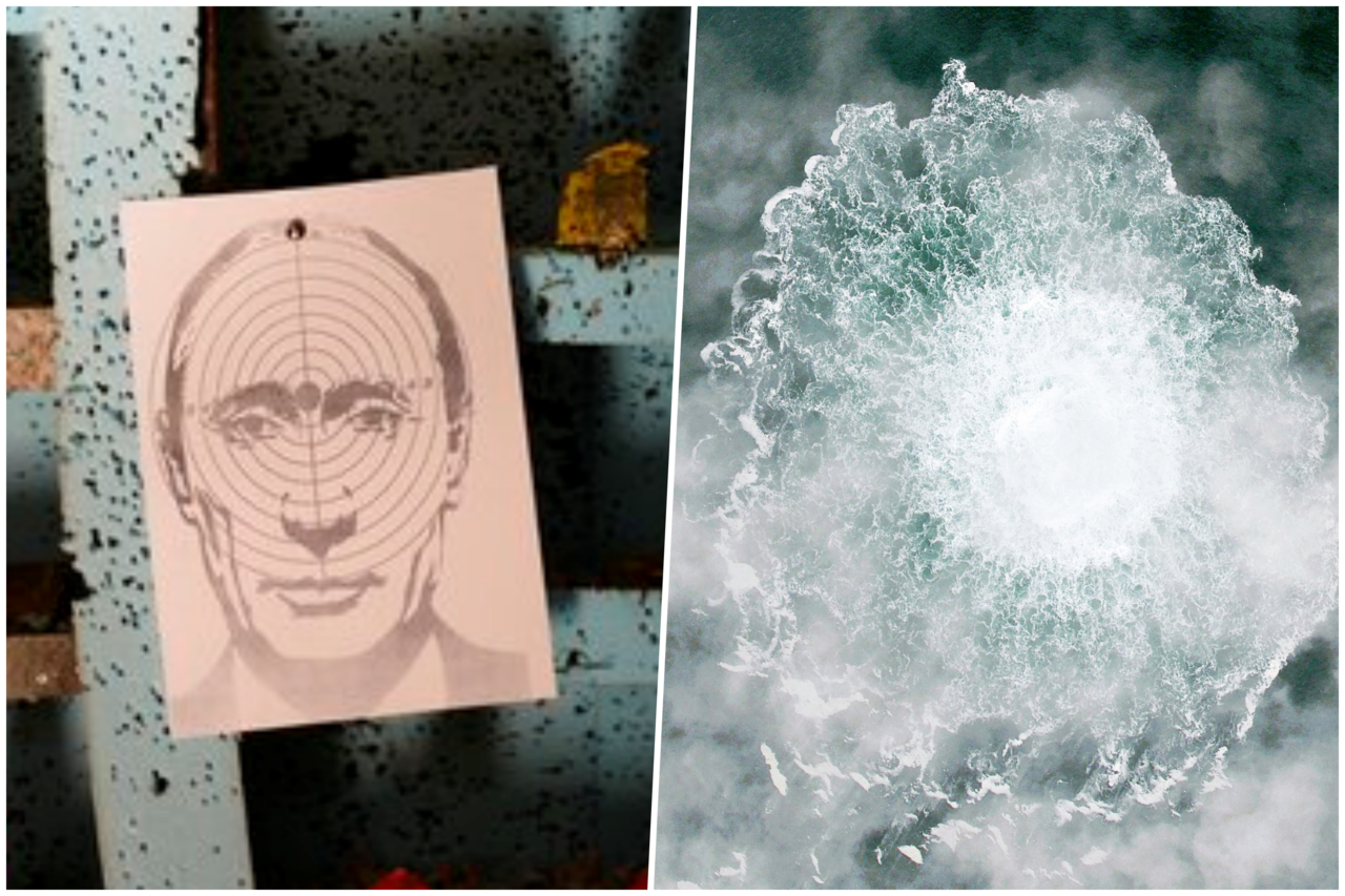 左为乌克兰一处靶场内，放置普丁肖像当靶；右为北溪2号天然气管道9月被炸，导致天然气外泄。 图／美联社、法新社　