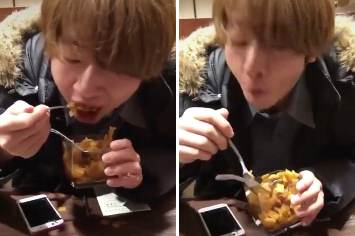 日本网友分享影片，一名男子在「CoCo壹番屋」用餐时捧起桌上的酱菜「福神渍」狂嗑，还将公用汤匙盛酱菜到口中。图／取自推特