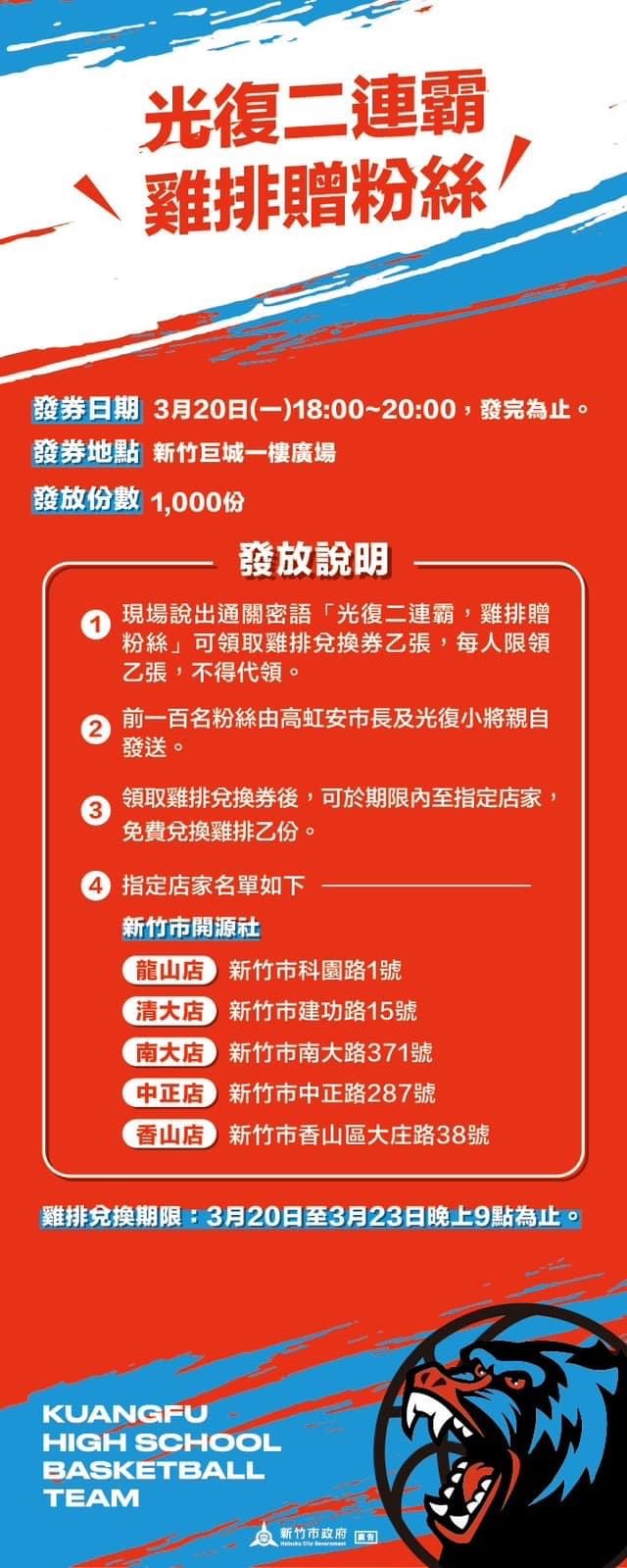 圖 慶光復高中二連霸 竹市府將發1000份雞排