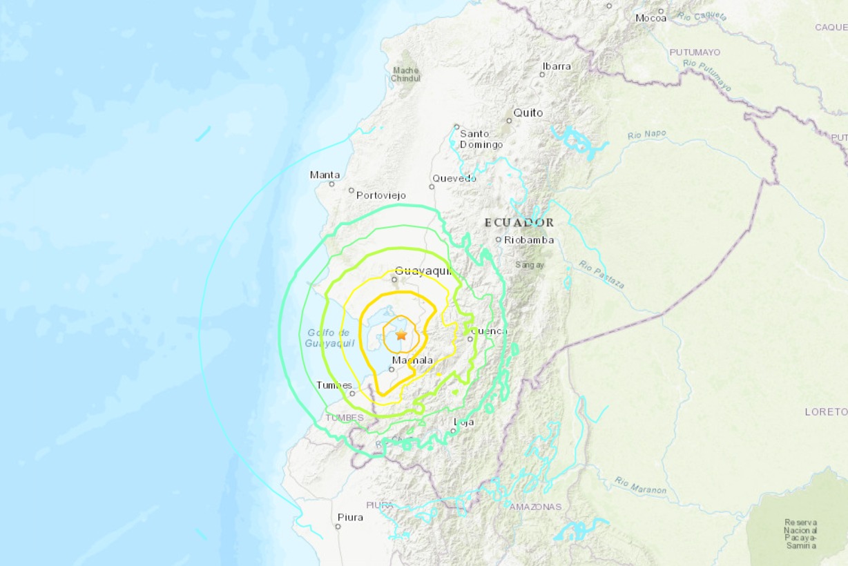 厄瓜多规模6.8强震，震源深度65.8公里，震央位于南纬2.837度、西经79.844度。图／取自中央气象局脸书粉专「报地震 - 中央气象局」