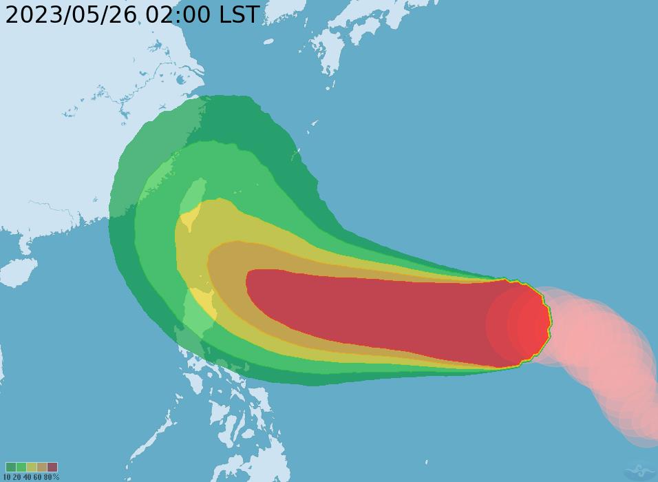 强烈台风玛娃今天凌晨2时的中心位置在鹅銮鼻东南东方2220公里海面上，以每小时25公里速度，向西北西转西进行。图为暴风圈侵袭机率。图／取自中央气象局网站