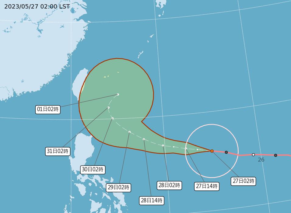 强烈台风玛娃今天凌晨2时的中心位置在鹅銮鼻东南东方1630公里海面上，以每小时21公里速度，向西进行。目前距离较远，对台湾天气尚无直接影响。图／取自气象局网站