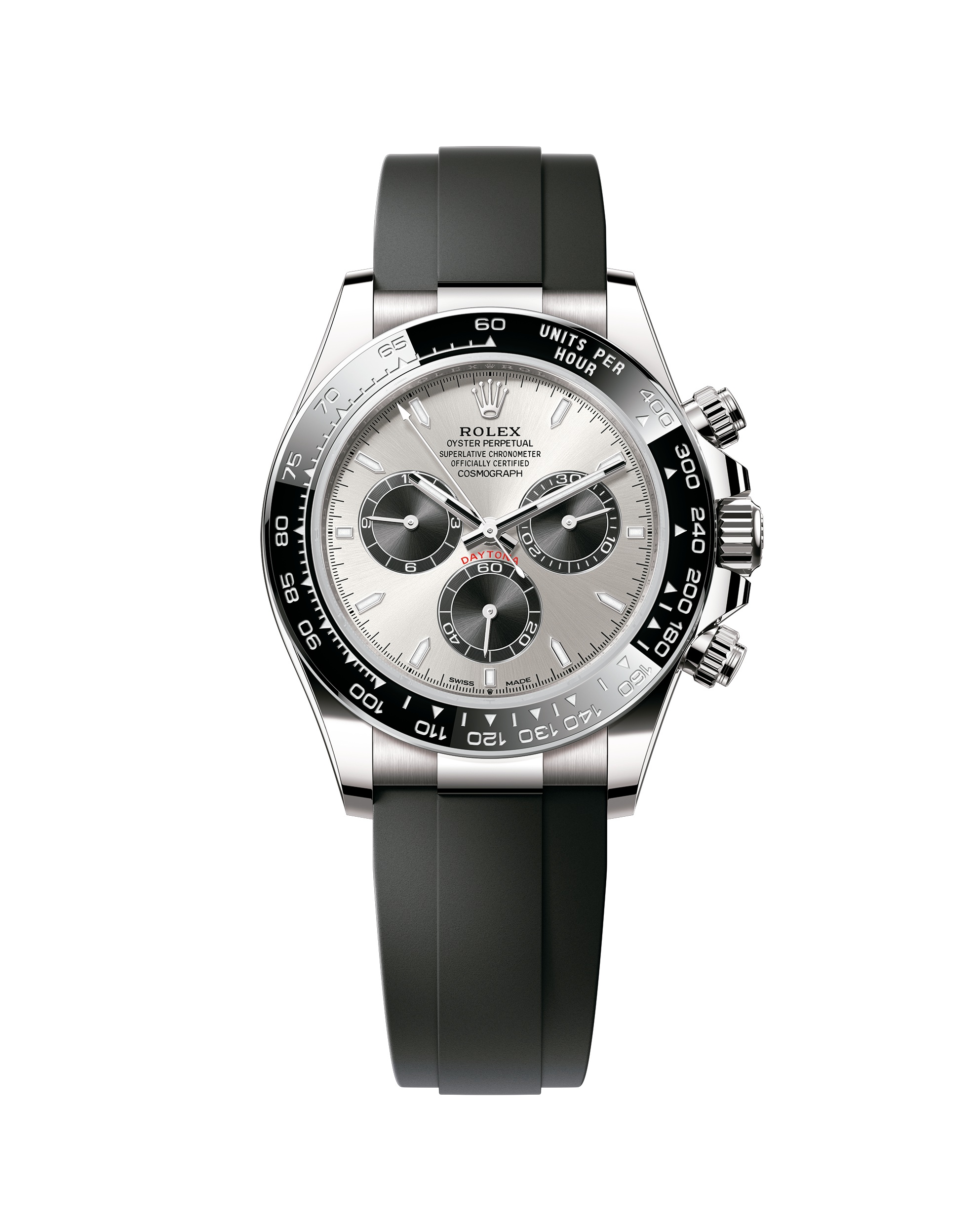 銀色面盤、黑色錶圈、黑色橡膠錶帶的Rolex Cosmograph Daytona腕錶，型號：m126519ln-0005