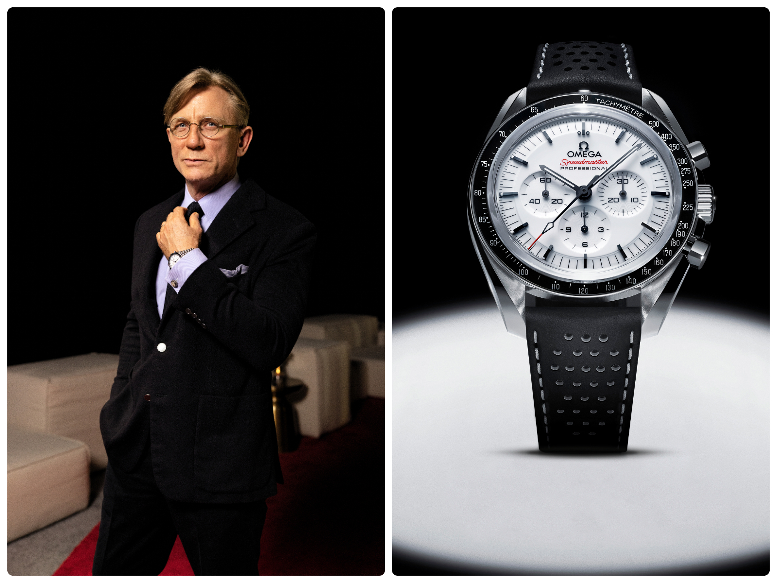 瑞士鐘錶品牌歐米茄（OMEGA）發錶新款「超霸專業登月」亮漆白色面盤款，並由Daniel Craig瀟灑演繹。圖／OMEGA提供