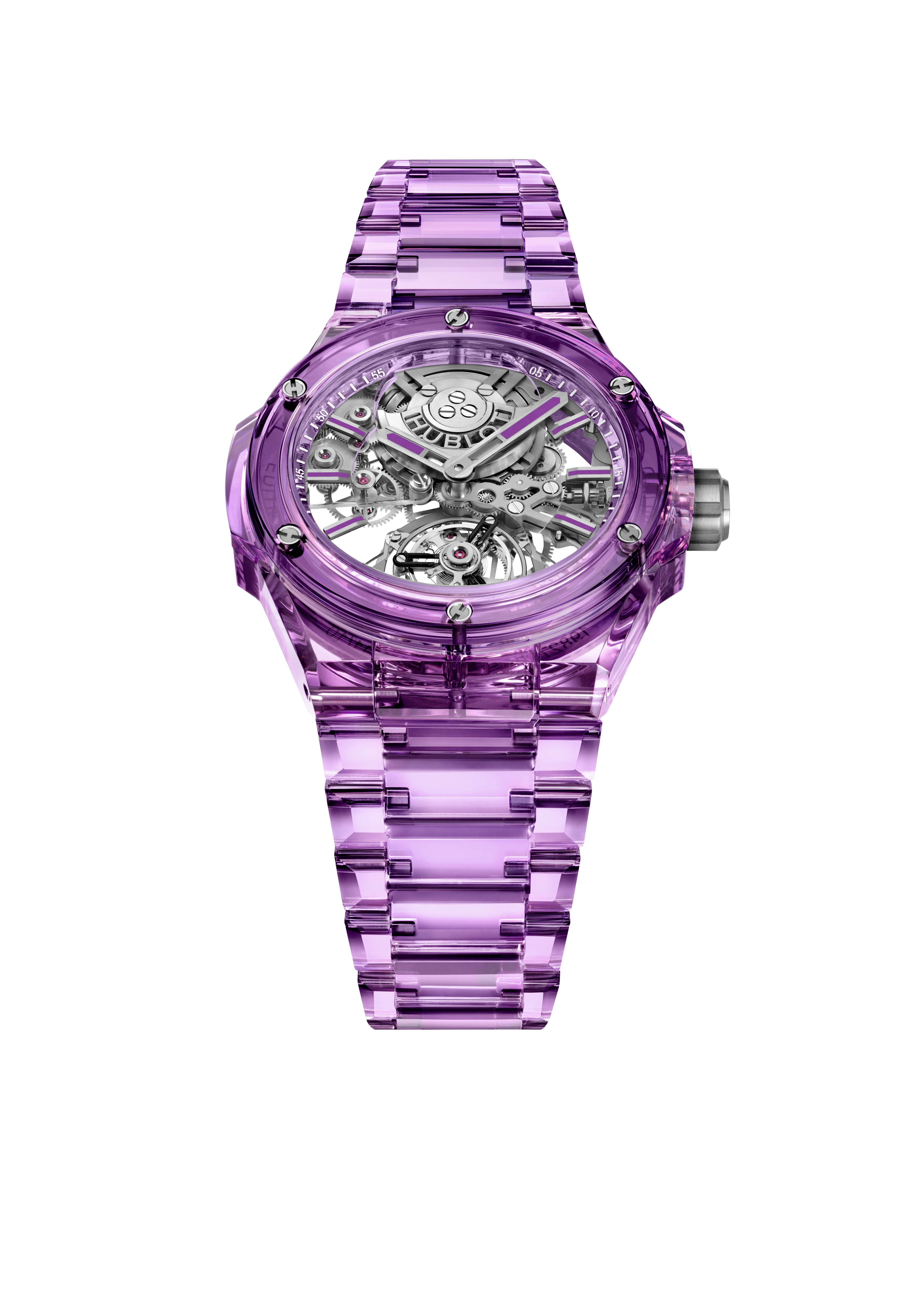 Big Bang Integrated紫色藍寶石陀飛輪鍊帶腕錶。圖／宇舶錶提供