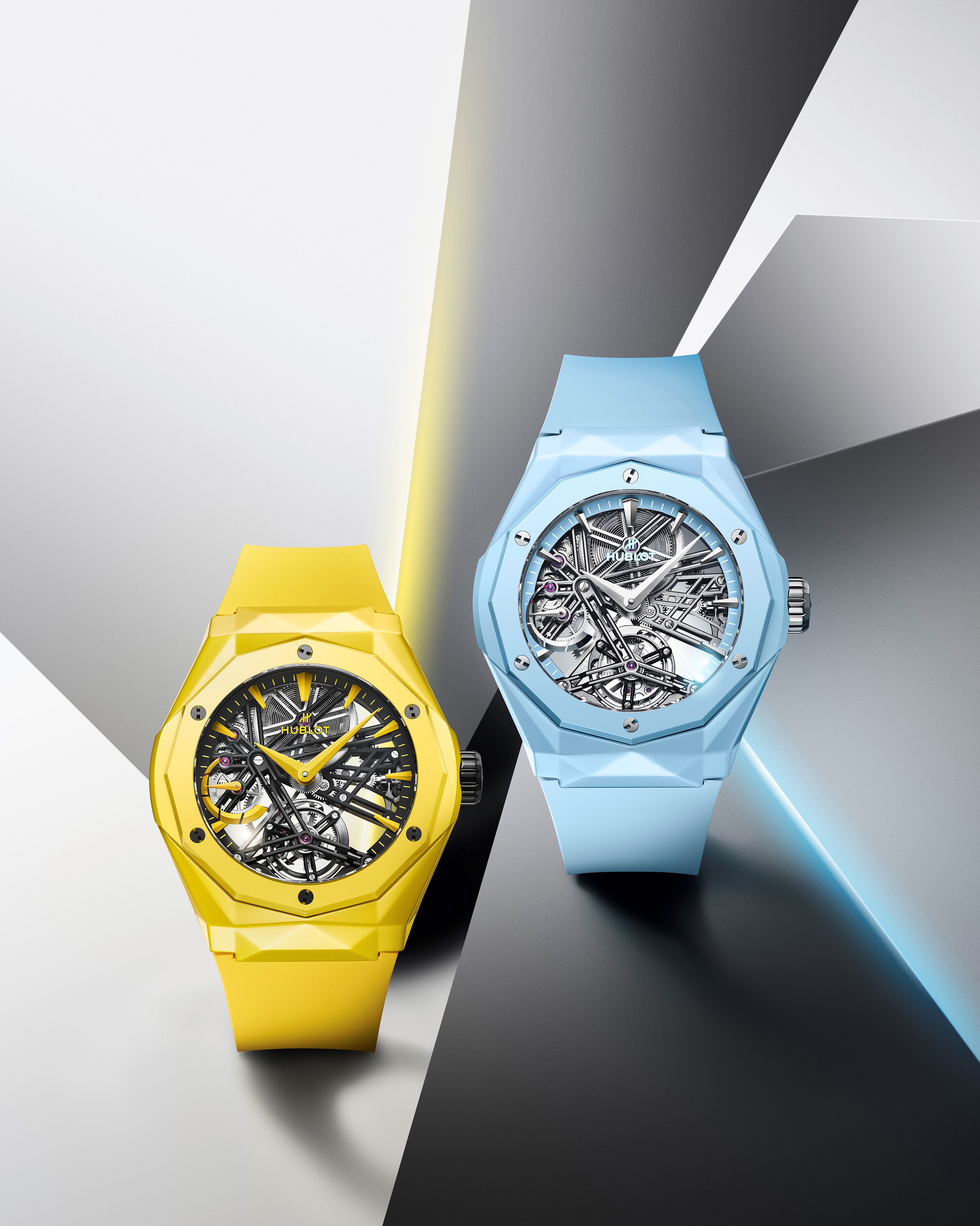 經典融合系列ORLINSKI陀飛輪陶瓷腕錶系列推出天藍色與鮮黃色新作。圖／宇舶錶提供