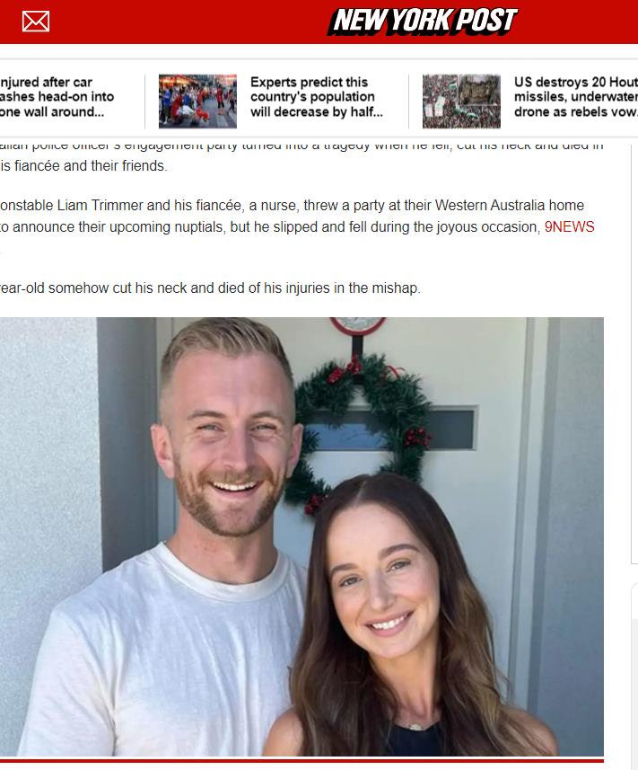 澳洲29岁警察利亚姆日前在订婚派对上滑倒，惨死未婚妻与亲友面前。撷自纽约邮报
