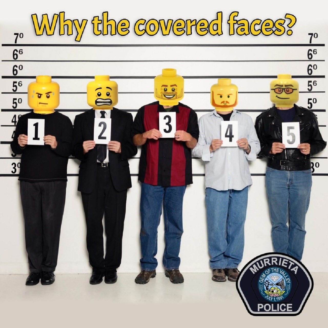 美国加州穆列塔警局在拍摄部分嫌犯的照片时，用乐高积木人偶头遮住脸，以遵照元旦生效的州法隐藏他们的身分。照片翻摄：FACEBOOK / Murrieta Police Department