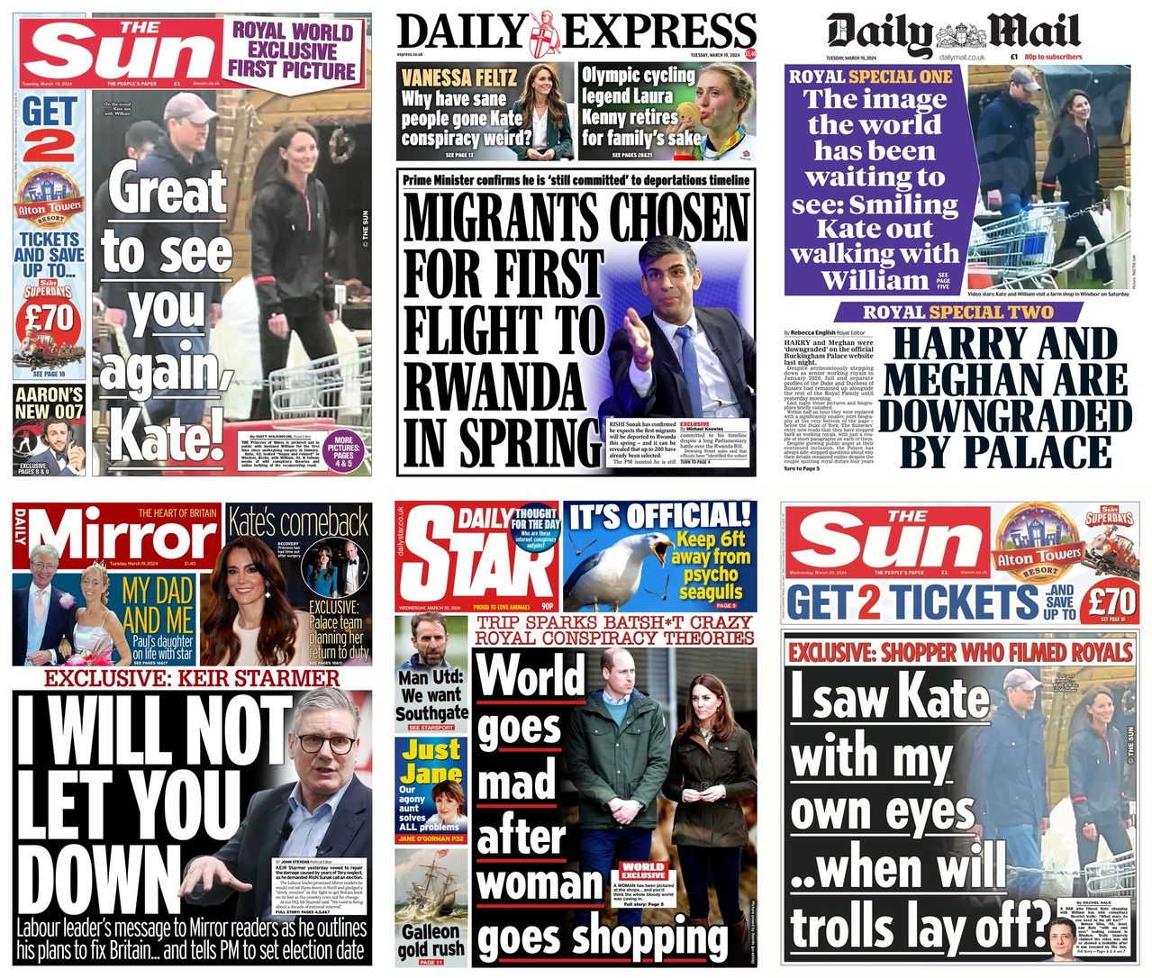 3月18日至3月20日之间，英国各家小报不断追踪报导凯特王妃的新闻。 图／英国各小报头版