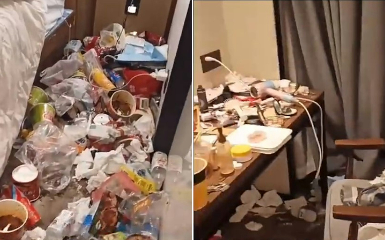 湖南长沙有2男2女共4名未成年人到饭店合租1间标准客房3个月，退房时留下满屋垃圾。图／截自微博影片