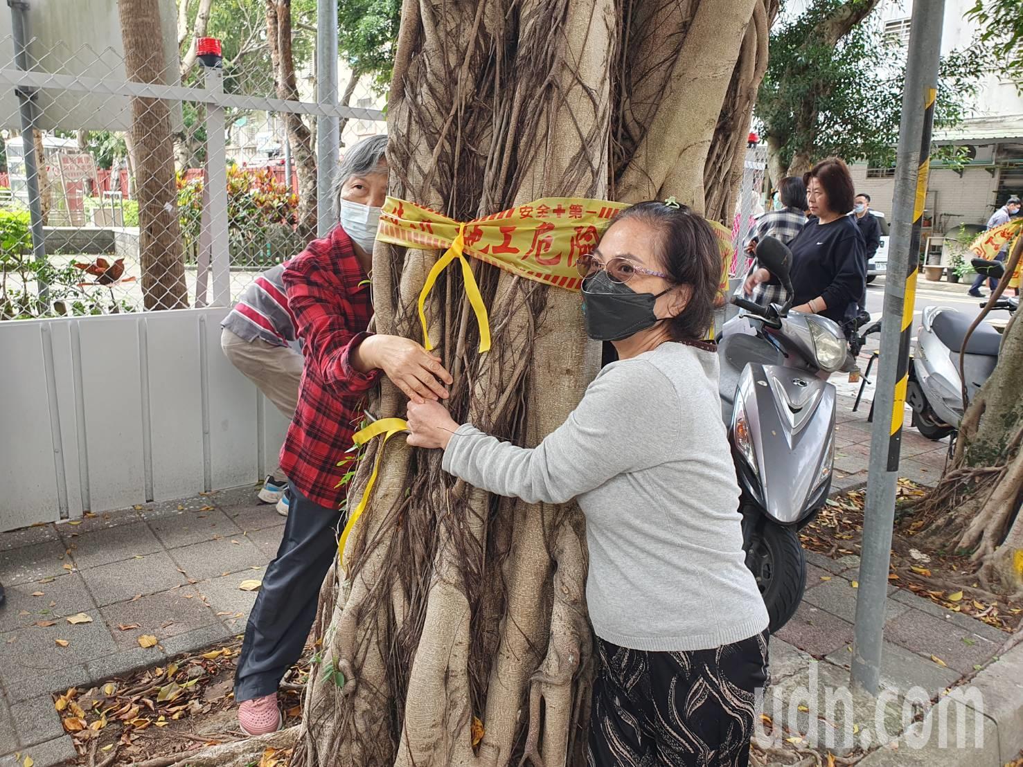 居民们将黄丝带系在树木上并且环抱著大树。记者邱书昱／摄影