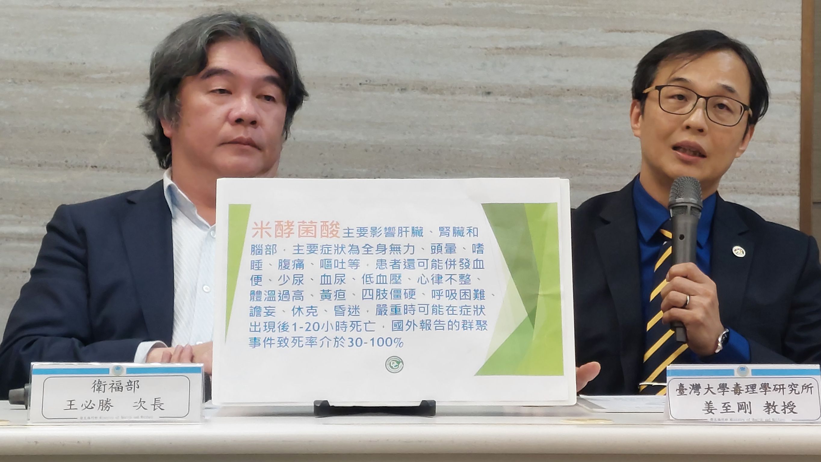 台湾大学毒理学研究所教授姜至刚（右）表示，米酵菌酸的半衰期为102小时，过去相关文献的死亡率介于30%至100%。记者林俊良／摄影
