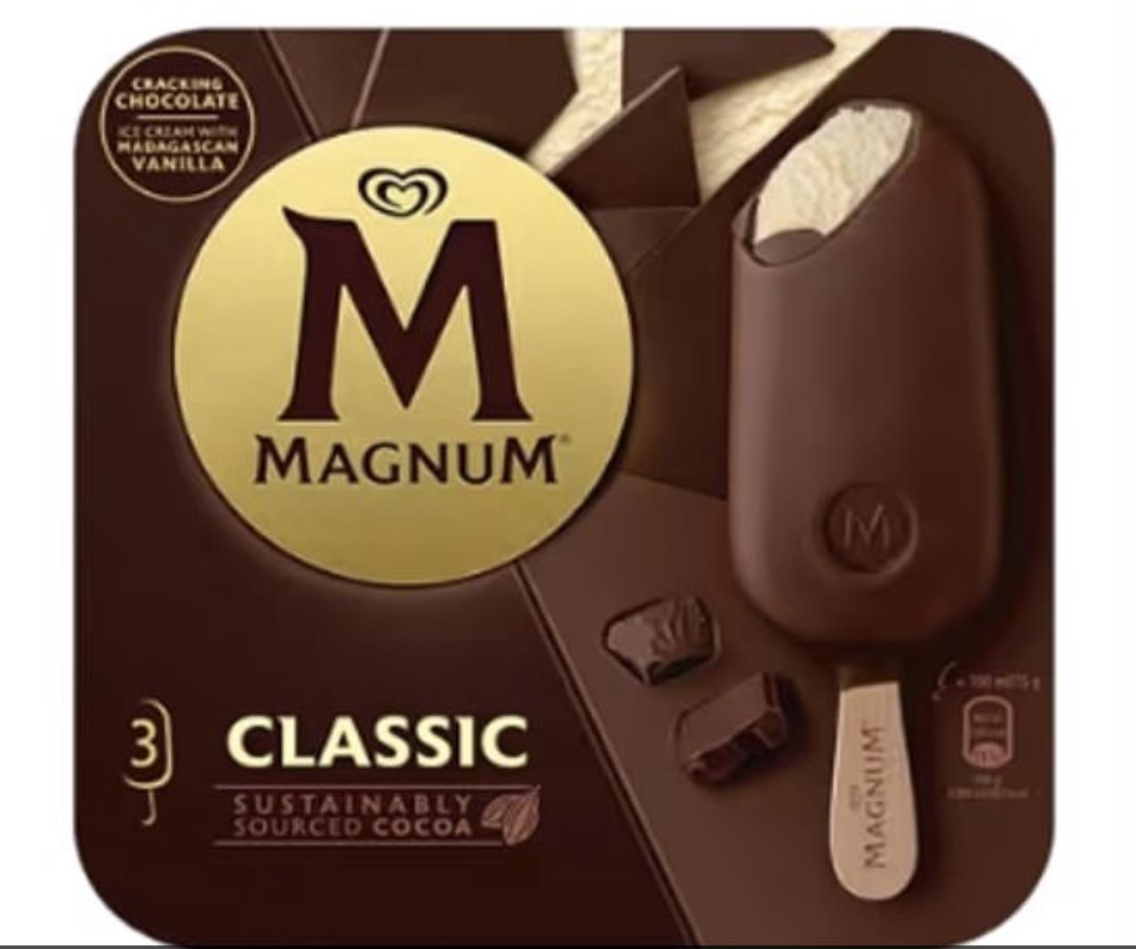 英国食品标准局29日发布警告，「别吃3支装Magnum经典雪糕」，因为里面可能有金属碎片。拥有Magnum品牌的联合利华正在收回这款雪糕。图／取自英国食品标准局
