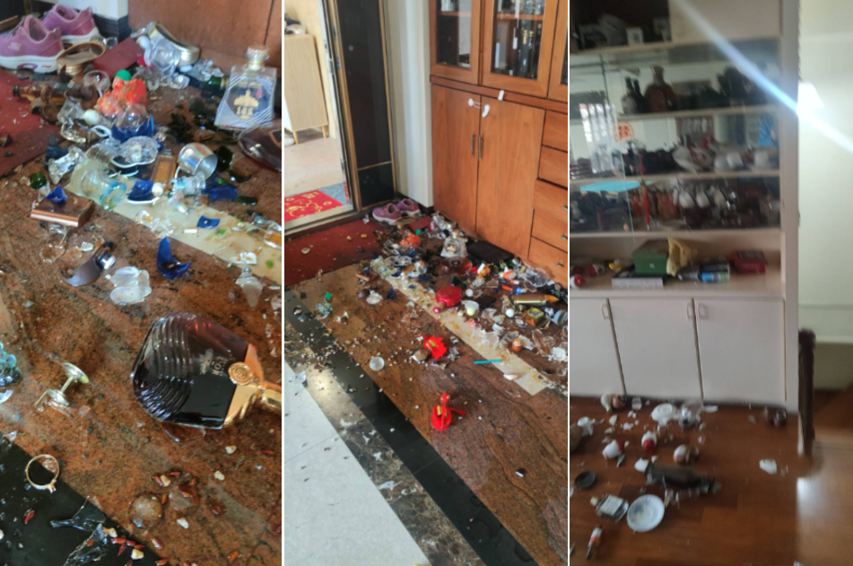 网友家中的酒类收藏，因为今晨的大地震而坠落成满地碎片。图／撷自脸书社团「小废物俱乐部」