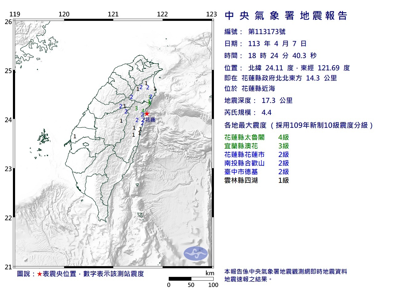 根据中央气象署最新资讯，今天晚间6时24分发生芮氏规模4.4地震，地震深度17.3公里。图／取自气象署网站