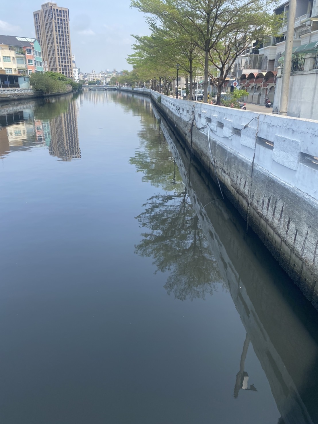 台南运河乐利桥附近水色变黑，疑遭污染。图／李启维提供