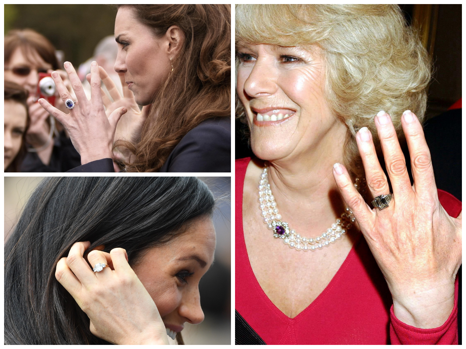 英王查理三世与王妃卡蜜拉（右）9日迎接结婚19周年。英国媒体回顾查理三世向卡蜜拉求婚，以及威廉向凯特（左上）、哈利向梅根（左下）求婚，都是从母亲珠宝收藏中挑选戒指。路透／PA Images