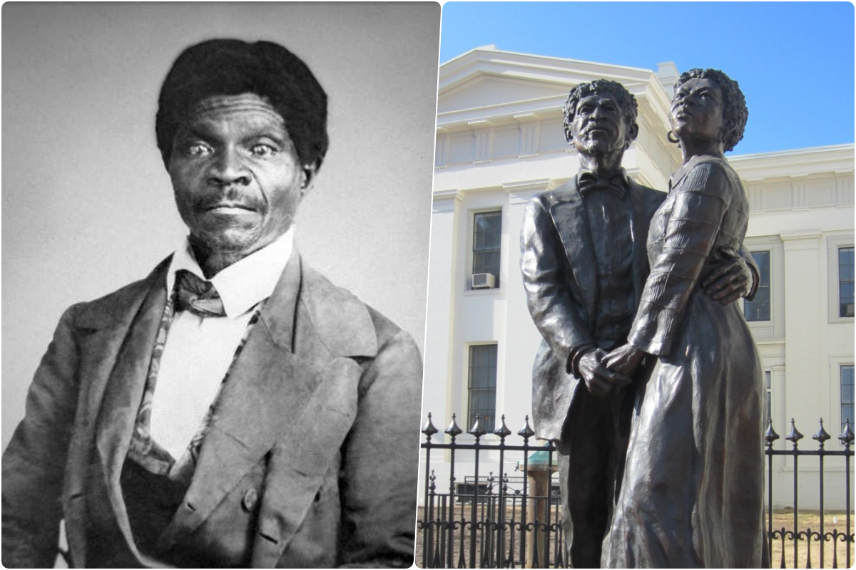 德雷德．史考特（Dred Scott）于1857年遭美国联邦最高法院判决认定「黑奴后裔不符合宪法定义的公民」，成为引爆美国内战的关键因素之一。图为史考特肖像（左），以及他与妻子哈里特（Harriet Scott）的雕像，立于他们当年初次提出诉讼的圣路易斯老法院之外。 图／维基共享、德雷德．史考特基金会