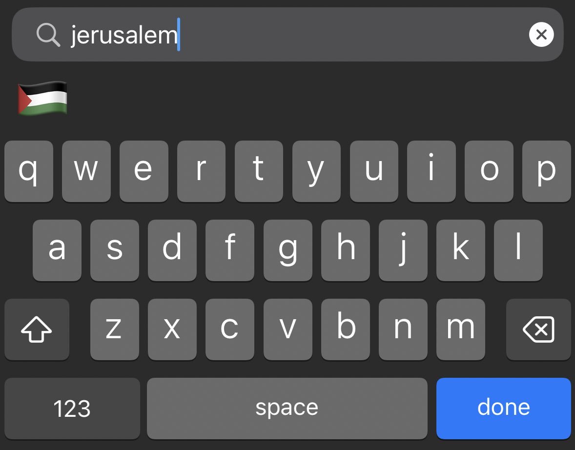iPhone部分用户反应，在手机打字输入耶路撒冷（Jerusalem）时，iPhone跳出的建议表情符号为巴勒斯坦国旗。图／撷自X平台