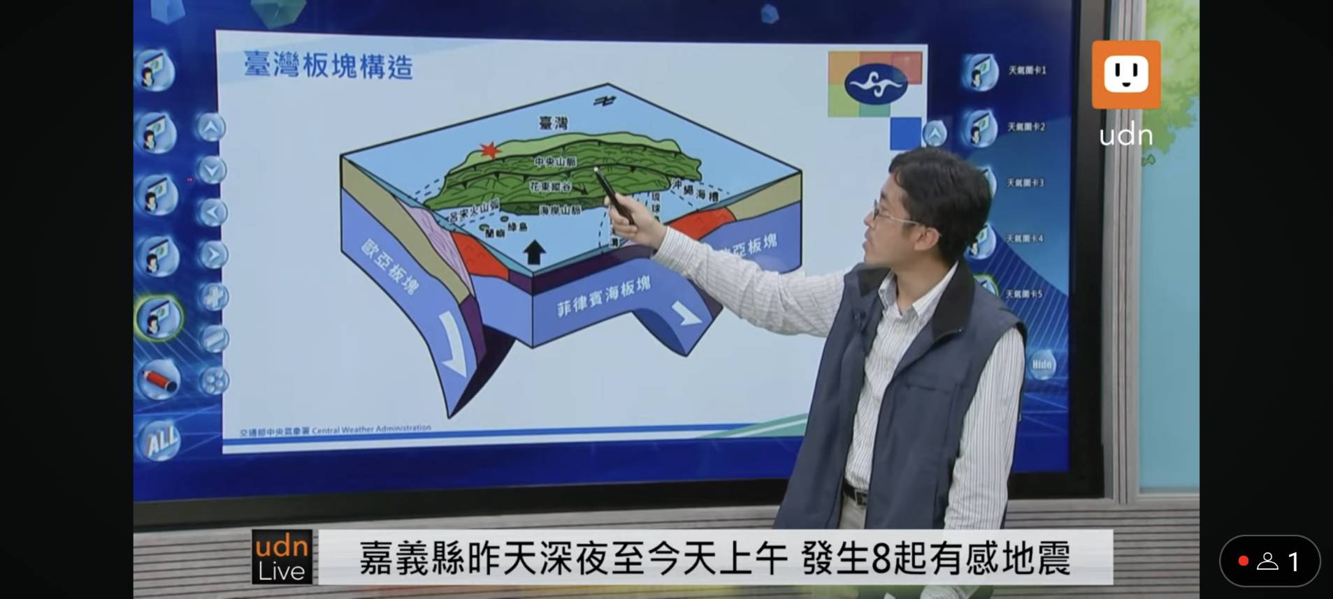 中央气象署地震中心技正林柏佑表示，这起地震发生在台湾西部、偏板块碰撞前缘的部分，地点和梅山断层距离超过30公里，研判和梅山断层没有直接关系。图／取自udn tv直播画面