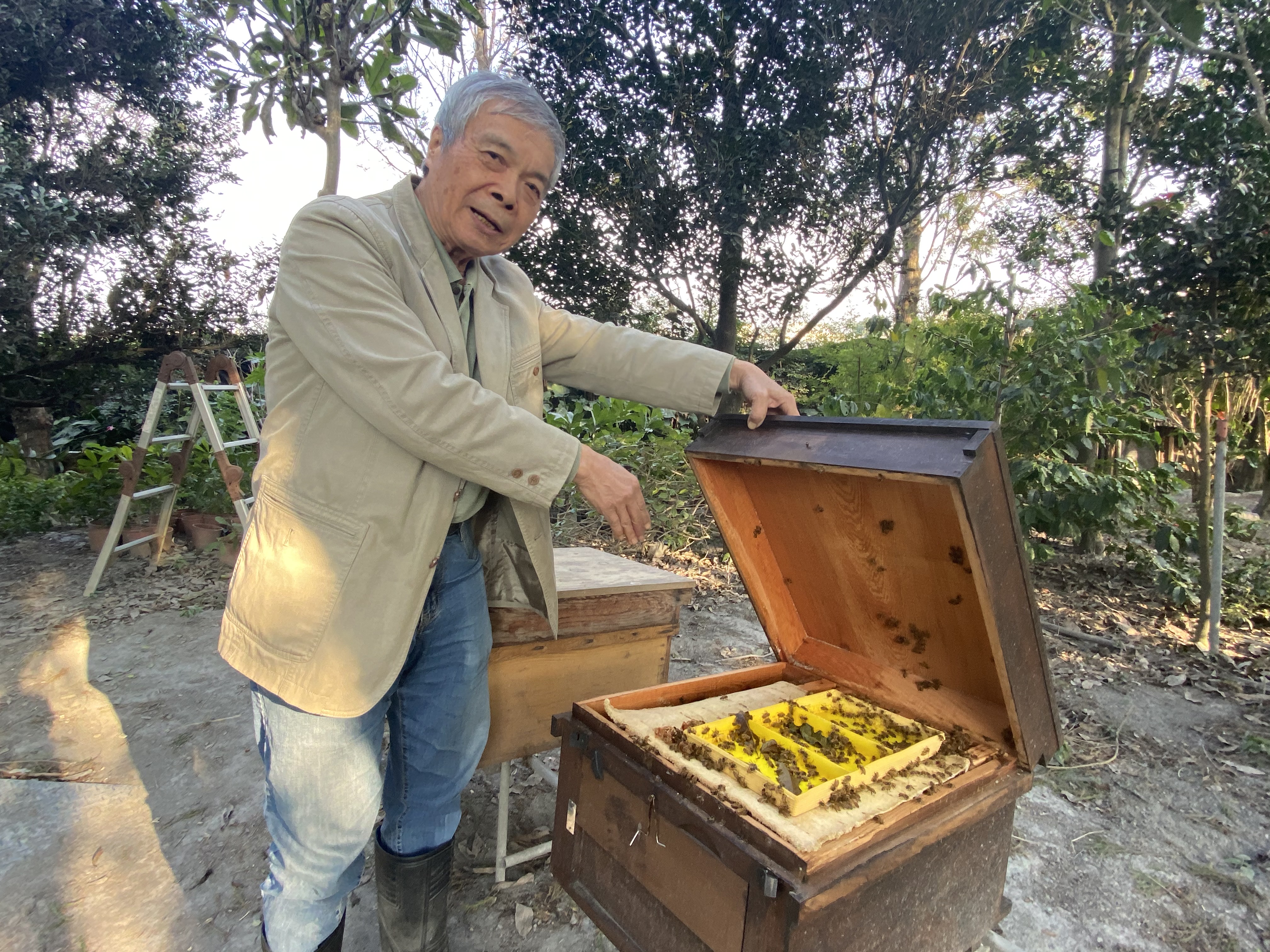 76岁的明道大学前校长陈世雄退休后不仅继续推广有机农业，还开始养蜜蜂。记者林宛谕／摄影