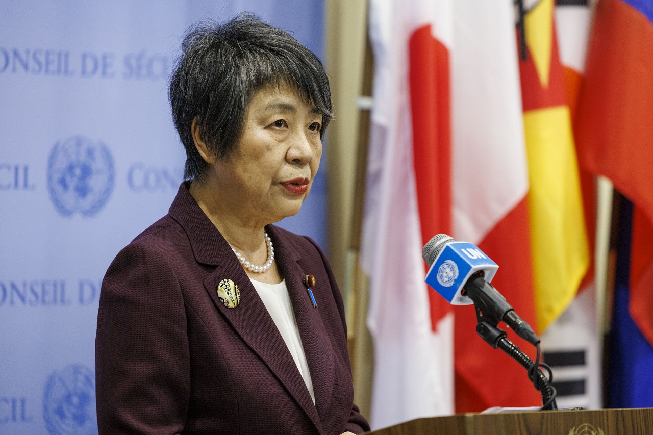 日本外务大臣上川阳子3月在纽约联合国总部向媒体发言。欧新社