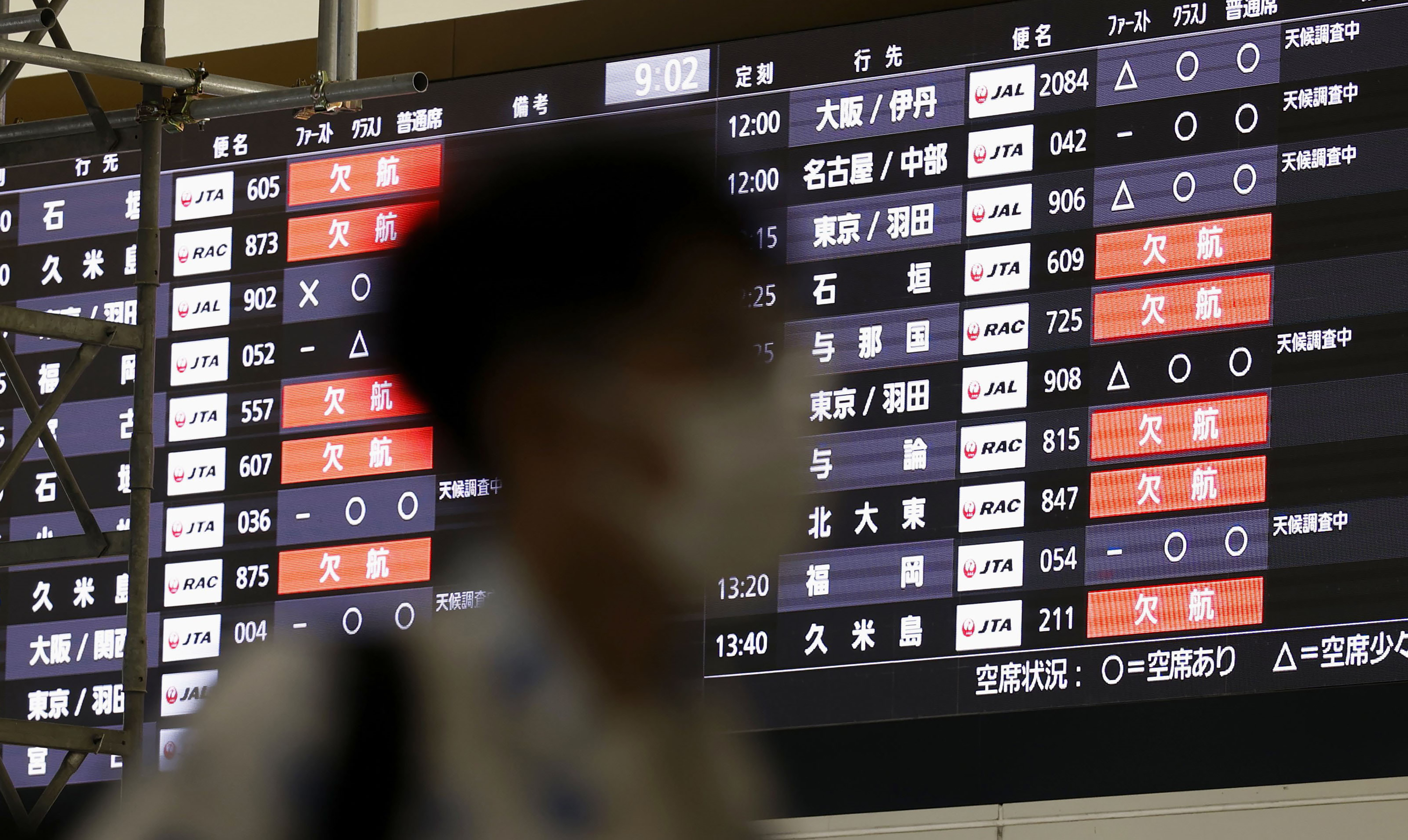 日本冲绳那霸机场的班机时间告示版，摄于2022年9月。美联社