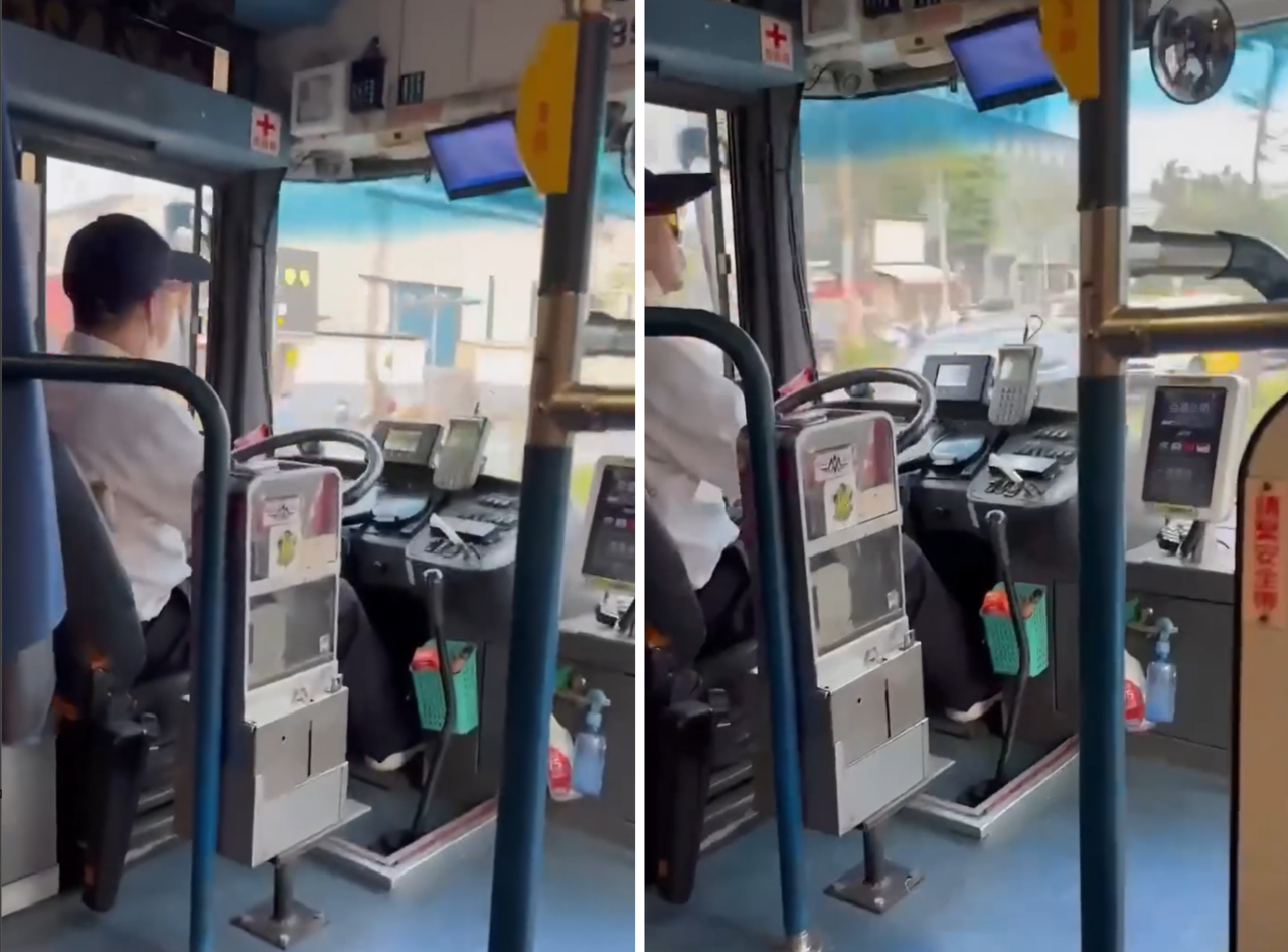 图为桃园客运公车司机手握方向盘左右摇晃，让全车跟著他的摆动像在坐碰碰车。撷自脸书社团「我是台湾行人」影片