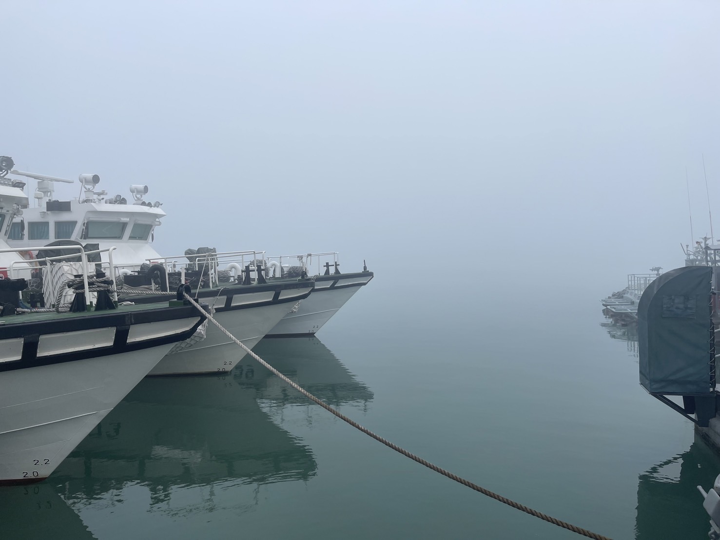 雾锁金门！金门海域今天上午被浓雾笼罩，料罗码头周遭水域都相当雾，能见度不到100公尺。图／读者提供