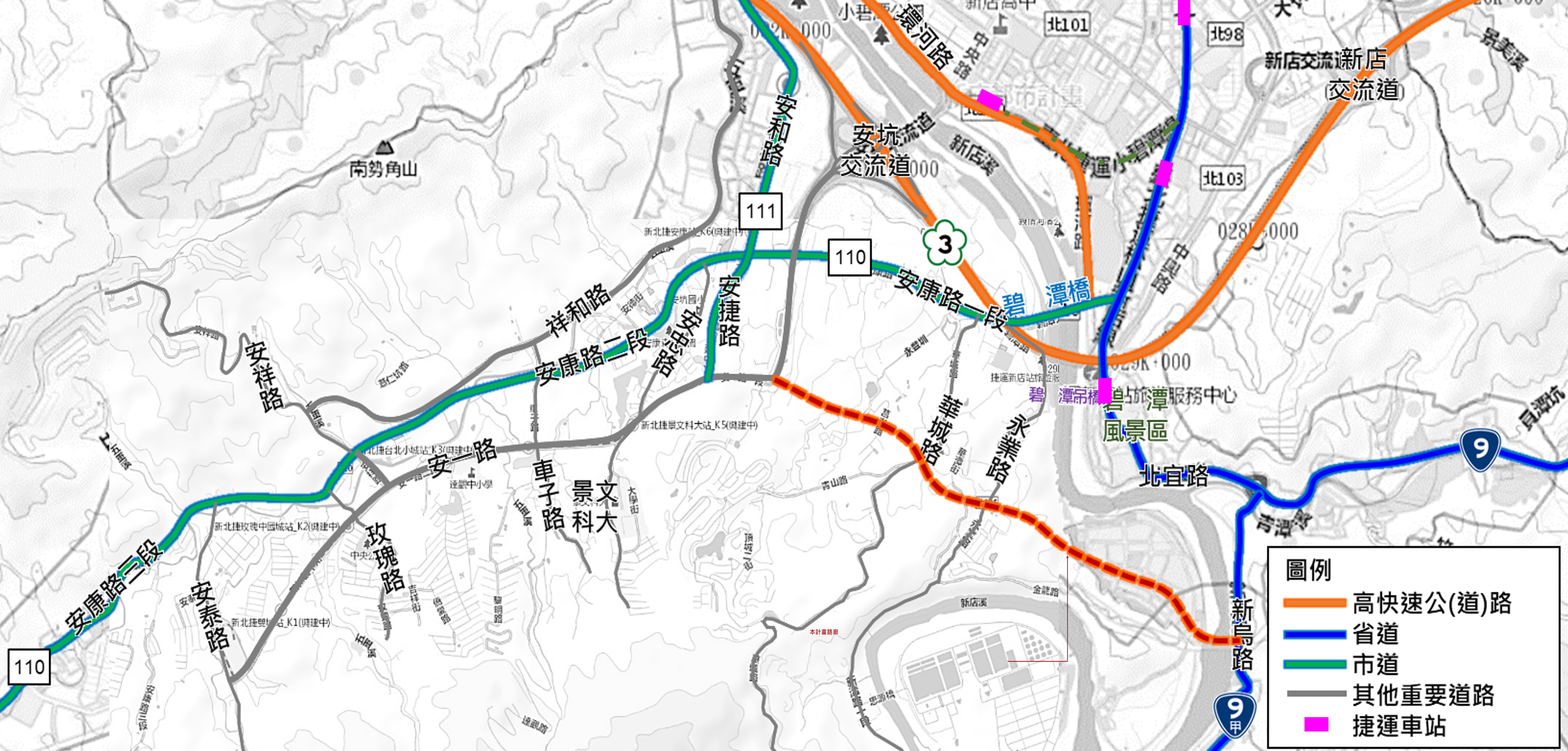 安一路是安坑新的重要联外道路，还配置轻轨疏运，不过现在并无经过安坑交流道以东地区，新北新工处规画安一路三期延伸工程（红色虚线处）。图／新北新工处提供