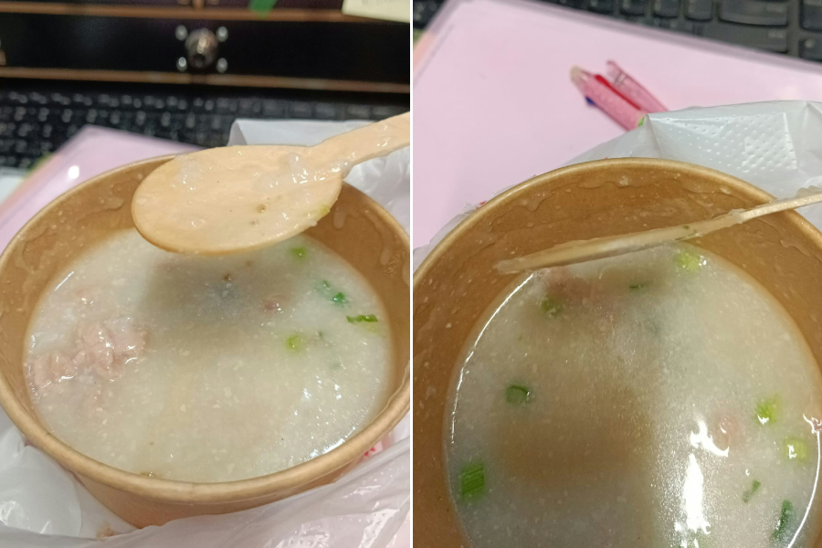 有网友外带1碗热粥，却发现餐厅提供的木制汤匙太过扁平，并不好用。图／翻摄自FB「 香港茶餐厅及美食关注组」