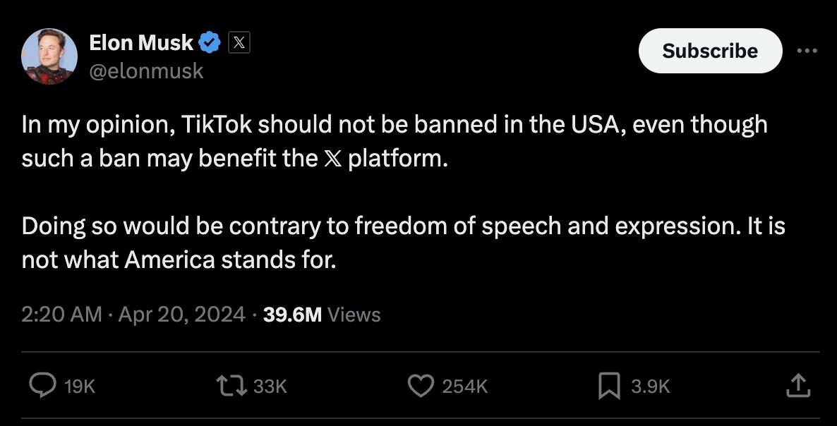 亿万富翁马斯克（Elon Musk）近日公开发文反对在美国本土禁止TikTok，称这将与言论自由相冲突。（截取自马斯克X平台帐号）