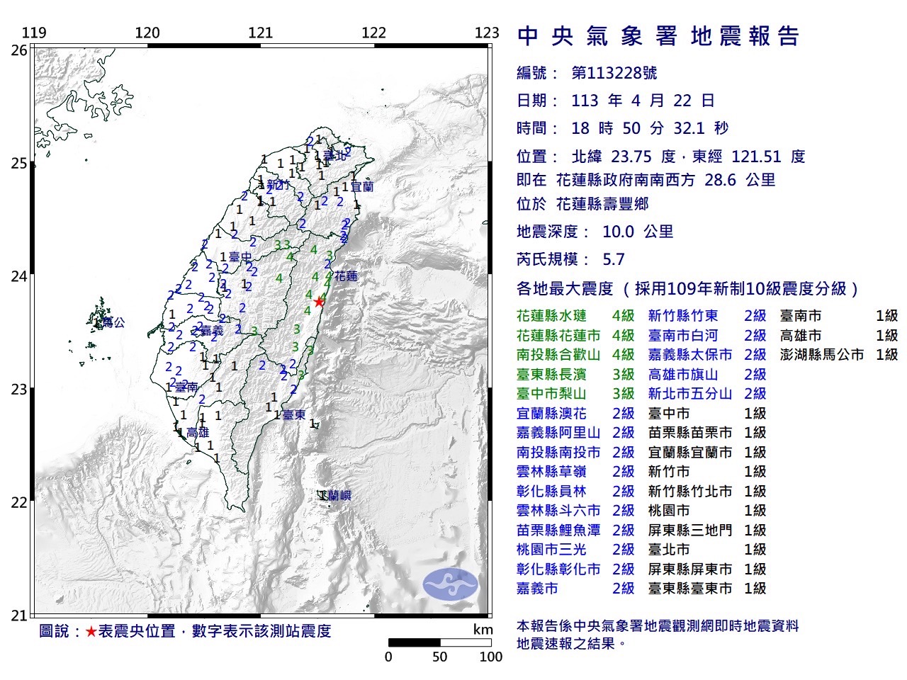 花莲寿丰今天下午5时许发生连续多起地震，晚间仍持续地震，最大规模达到5.7。图／中央气象署提供