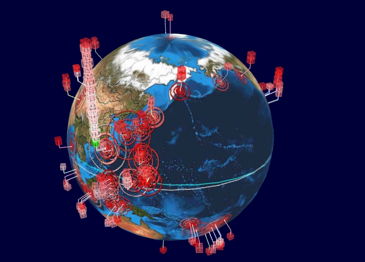 「Earthquake 3D Live」全球地震3D图清楚可见，由于台湾7天内地震发生密集，叠加宛如「摩天大楼」画面与其他国家呈现明显对比。图／取自「Earthquake 3D Live」网站