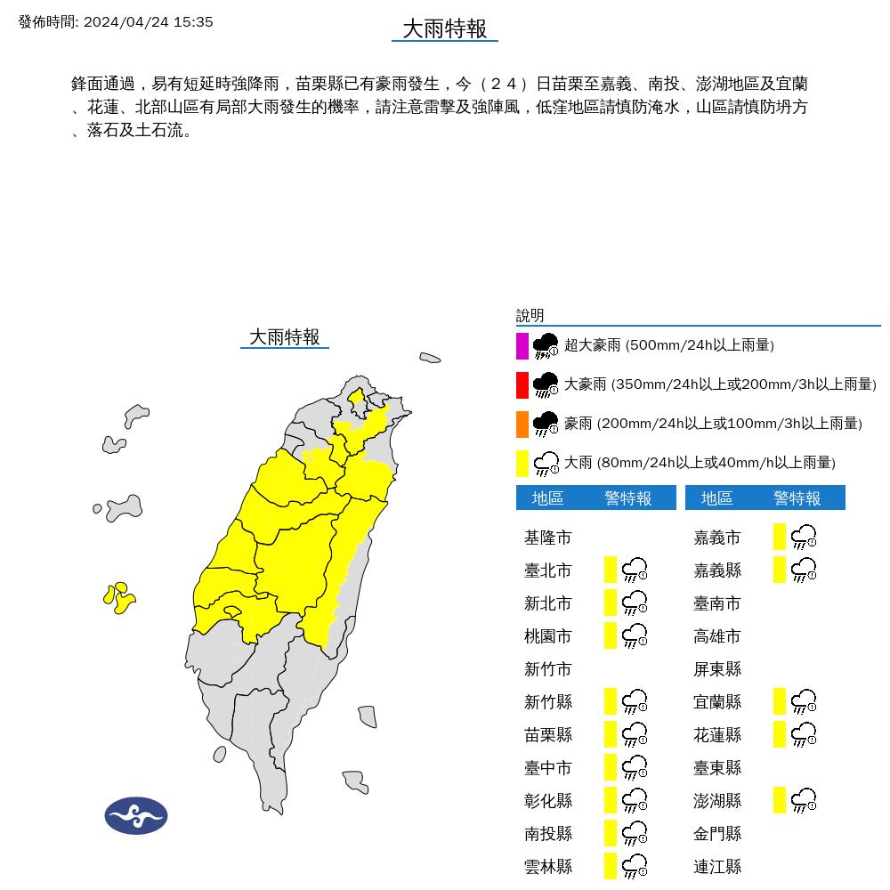 中央气象署针对14县市发布大雨特报。图／气象署提供