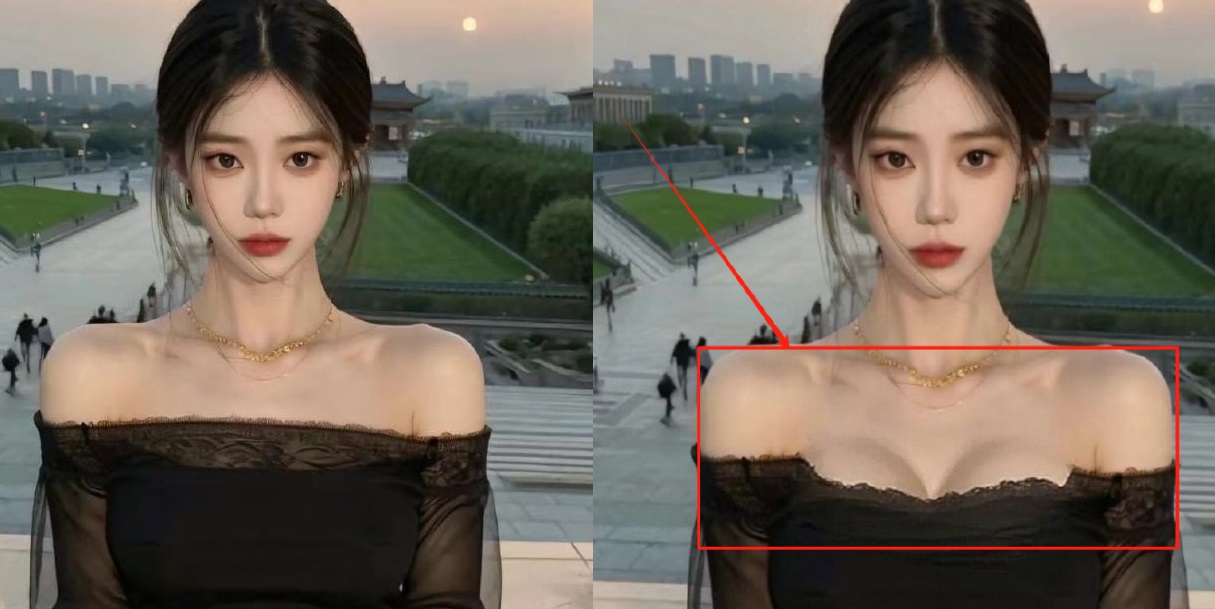 女主角原本被衣服遮蔽的胸部，在AI「一键消除」后，除了可以把衣服消除外，还能智慧化地为胸部生成「事业线」，让照片更真实，图为示意图。（取自微博）