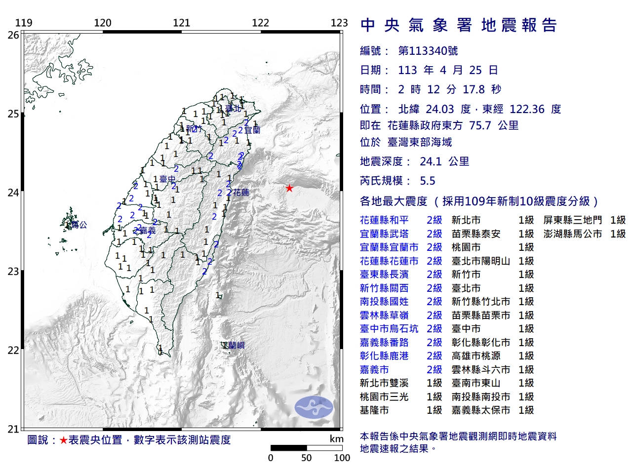 中央气象署发布第340号显著有感地震报告，今天凌晨2时12分，在花莲县政府东方75.7公里，位于台湾东部海域，发生芮氏规模5.5地震，地震深度24.1公里。图／中央气象署提供