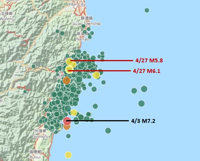 今天凌晨花莲接连发生规模6.1、规模5.8地震，中央气象署研判为0403花莲地震余震。图／中央气象署提供