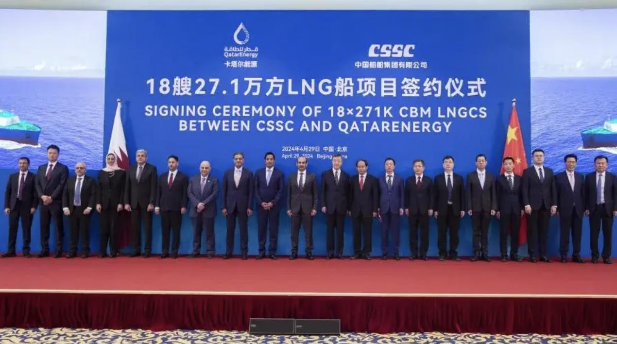 中国船舶集团与卡达能源公司29日在北京举行签约仪式，拿下全球最大单笔造船订单纪录。（图／取自国际船舶海工网）