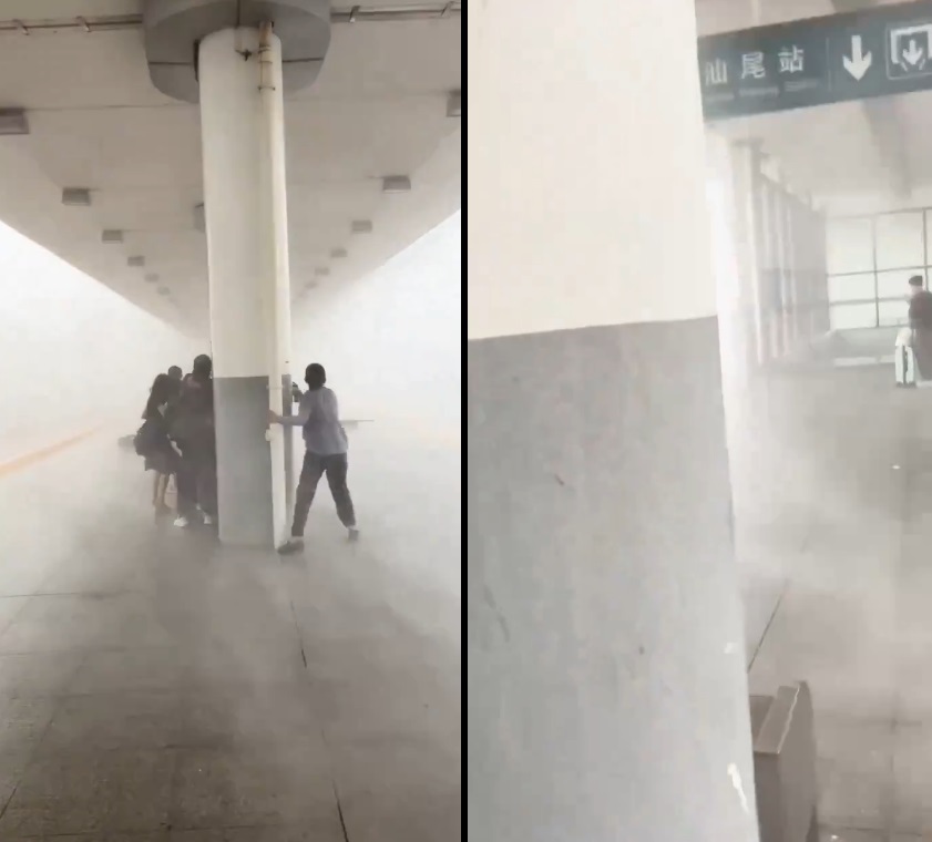 网友在微博疯传一则疑似在4月27日拍摄的影片，画面中只见在广东汕尾车站上的旅客，因为狂风暴雨太过激烈，许多乘客甚至抱紧月台上的柱子，以免被狂风吹走，险象环生。