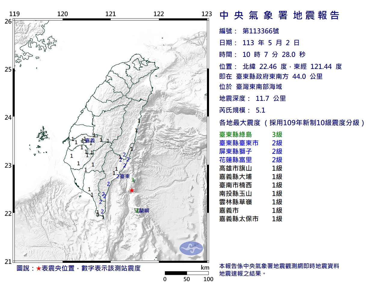 中央气象署发布第366号显著有感地震报告，今天上午10时7分，在台东县政府东南方44.0公里，位于台湾东南部海域，芮氏规模5.1，地震深度11.7公里。图／中央气象署提供