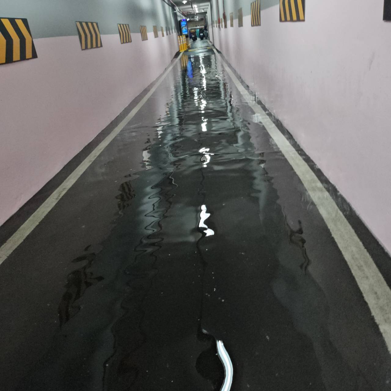 国民党台北市议员李柏毅接获陈情，二殡的机车停车场车道经过豪雨竟淹水。图／国民党台北市议员李柏毅提供