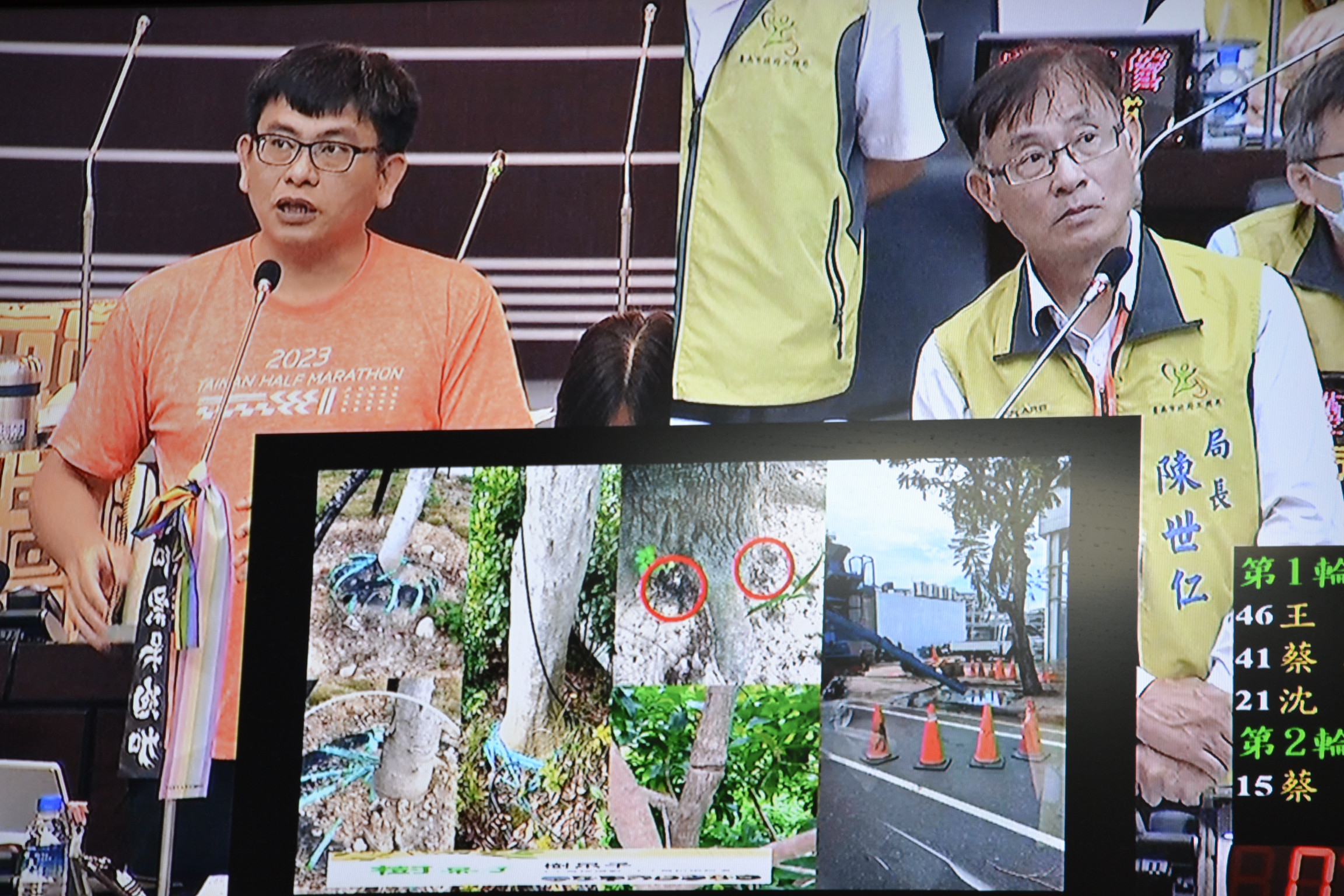 台南市议员颖艾达利批行道树杂乱，种树时连「纸尿裤」都没脱，还有道路工程，灌浆在树根上。记者郑惠仁／翻摄