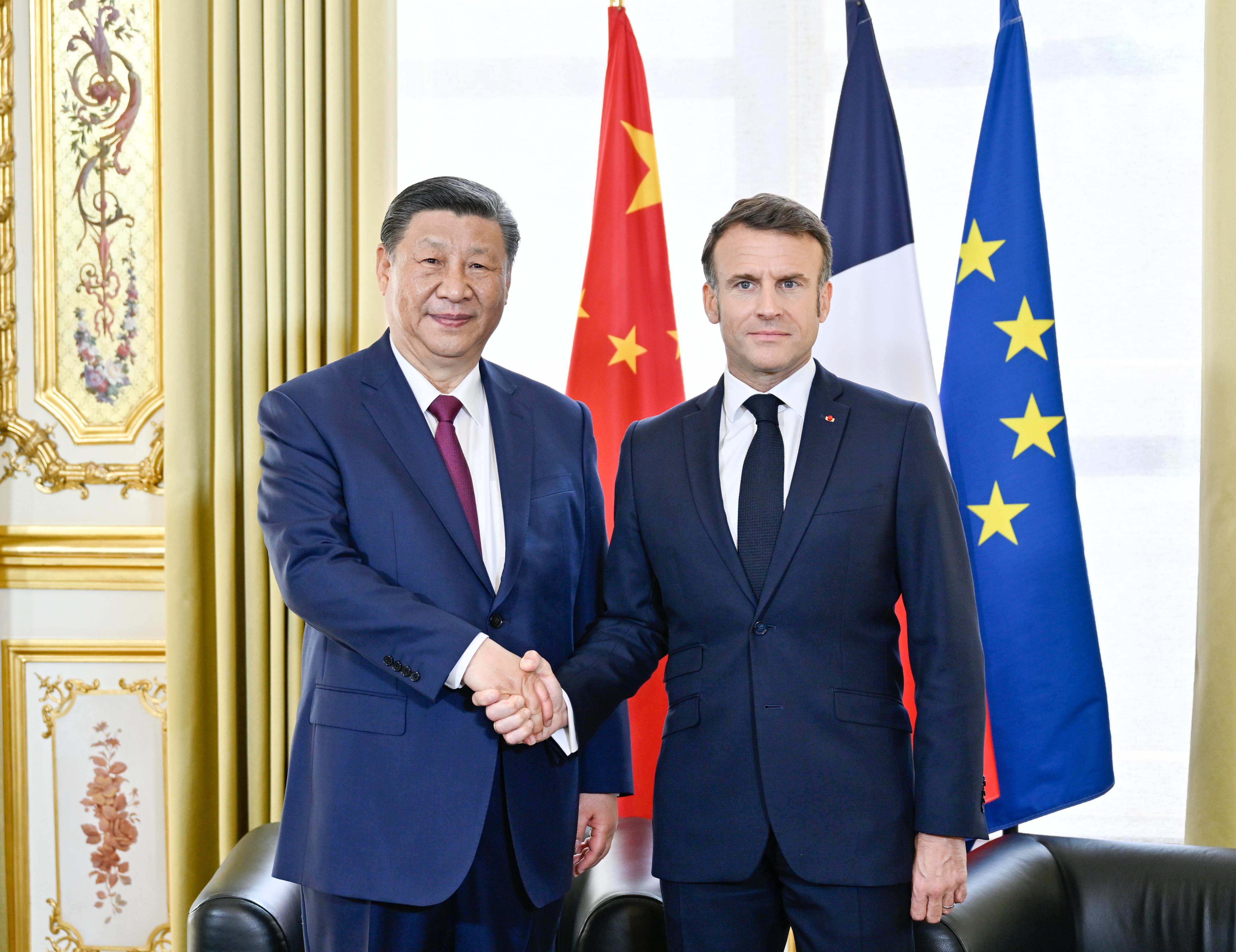 大陆国家主席习近平6日在巴黎爱丽舍宫与法国总统马克宏举行会谈，大陆并于7日发布「中法关于中东局势的联合声明」。（新华社）
