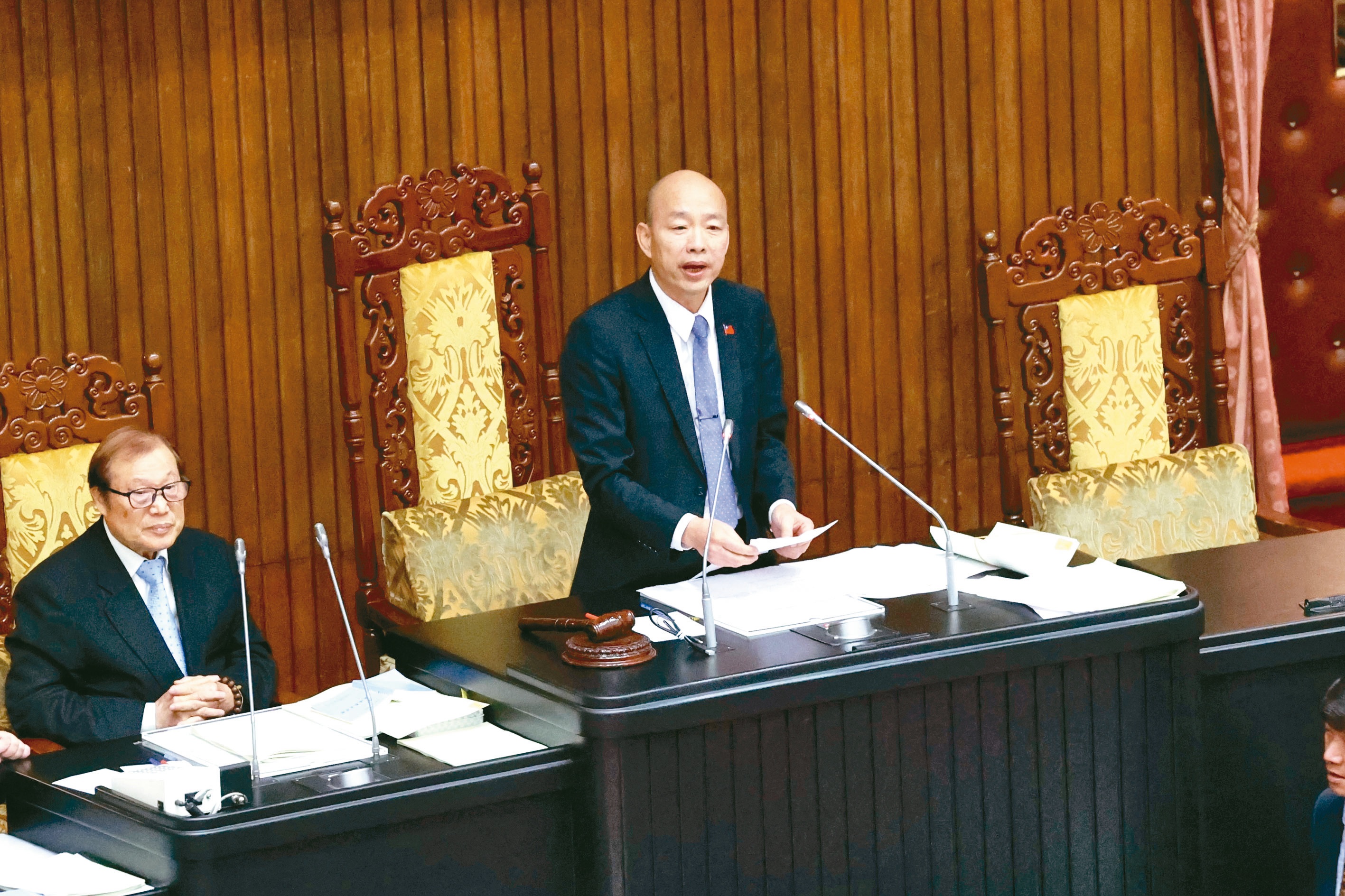 准总统赖清德愿赴立法院国情报告，立法院长韩国瑜左手边的位子，就是保留给总统国情报告时的座位。(本报资料照片)