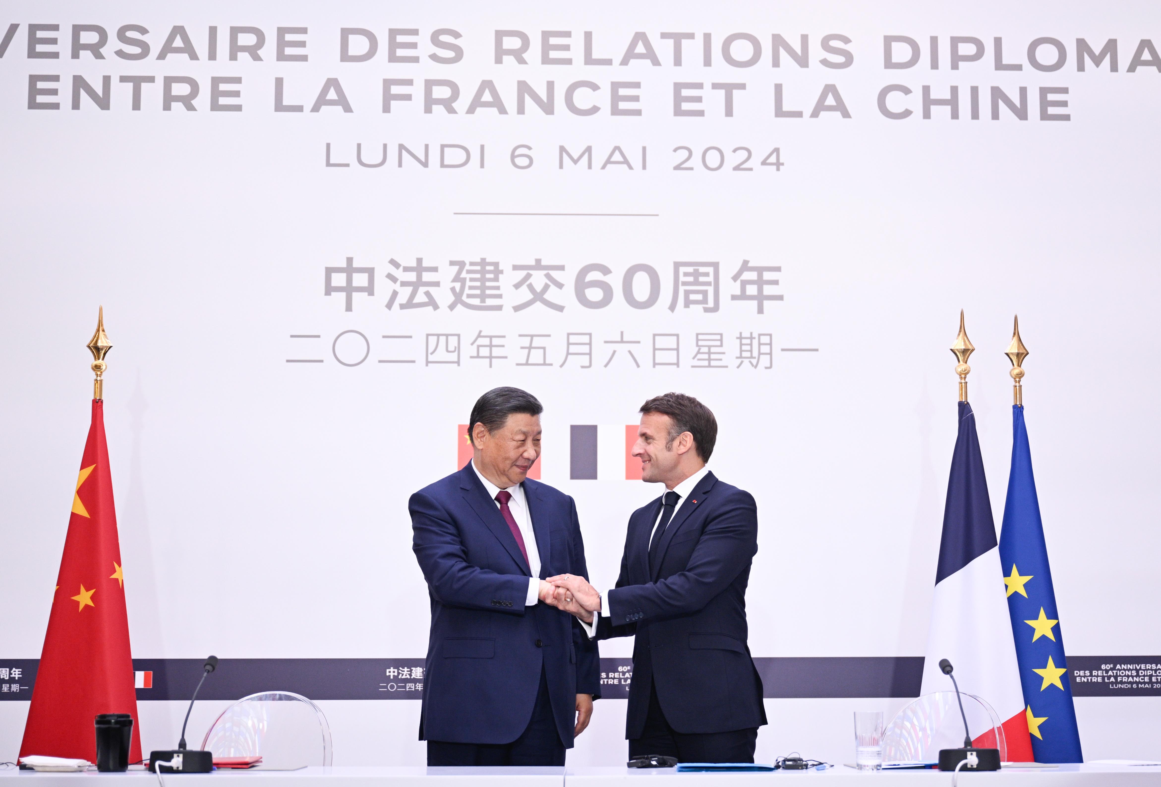 大陆国家主席习近平6日与法国总统马克宏会谈后，中方7日接连发表两国关于中东局势、农业交流与合作的联合声明。（新华社）