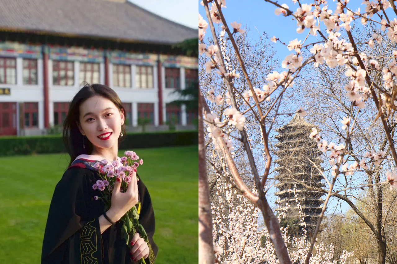 林子毕业于北京大学，选择就读中文系中应用语言学专业的她，成为2015级学生中「唯一一个坚持到毕业」的学生。图为北大毕业生林子（左）、北京大学博雅塔（右）。图／截自科学网、新华社
