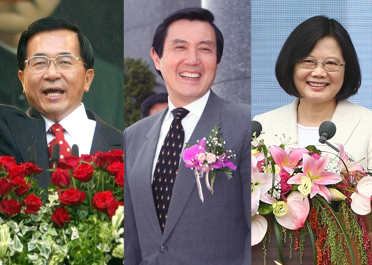 蔡英文总统（右）、前总统马英九（中）、前总统陈水扁（左）。图/联合报系资料照片