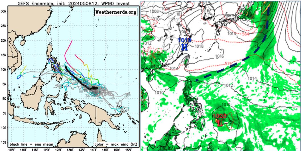 部分（美国GEFS）模式持续模拟，下周菲律宾东方海面有热带扰动发展的迹象，但即使发展亦无侵台机率（左图）；不过，它会影响锋面的结构及位置（右图），间接影响台湾的天气变化，下周二之后的天气不确定性大，应进一步观察。图／取自「三立准气象.老大泄天机」专栏