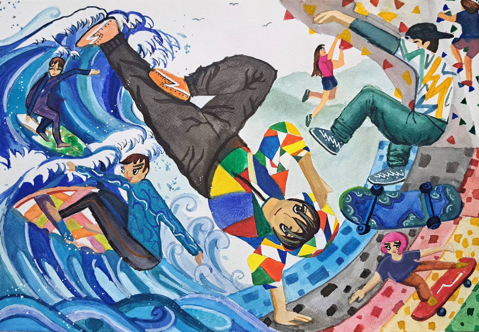 方晶霈「翻开新世纪篇章」以特殊的倒立构图和日本浮世绘海浪的概念来表现奥运新的竞赛项目：霹雳舞、攀岩、冲浪、滑板。将城市街头活动融入并升级承众所瞩目的大舞台上，让大家欣赏到不一样的极限运动，迈向新一代年轻潮流化的奥运新篇章。图／邱冠伶提供